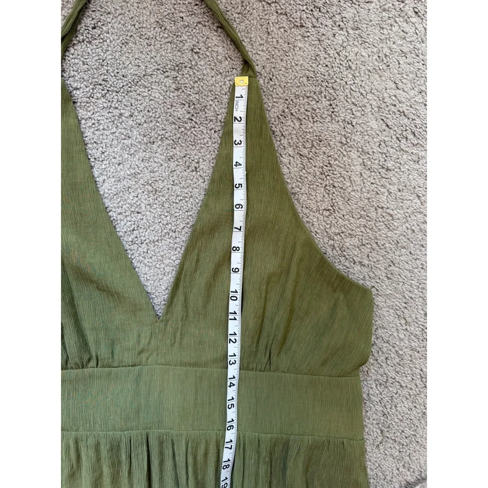 Abercrombie & Fitch Olive Green Halter Maxi Dress Textured V-Neck Slit XL Fall